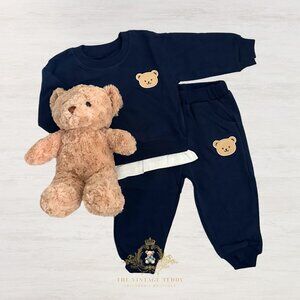 NWT Cute Boys Sweatsuit Sweater & Joggers Set Embroidered Teddy Bear Navy 6-9M